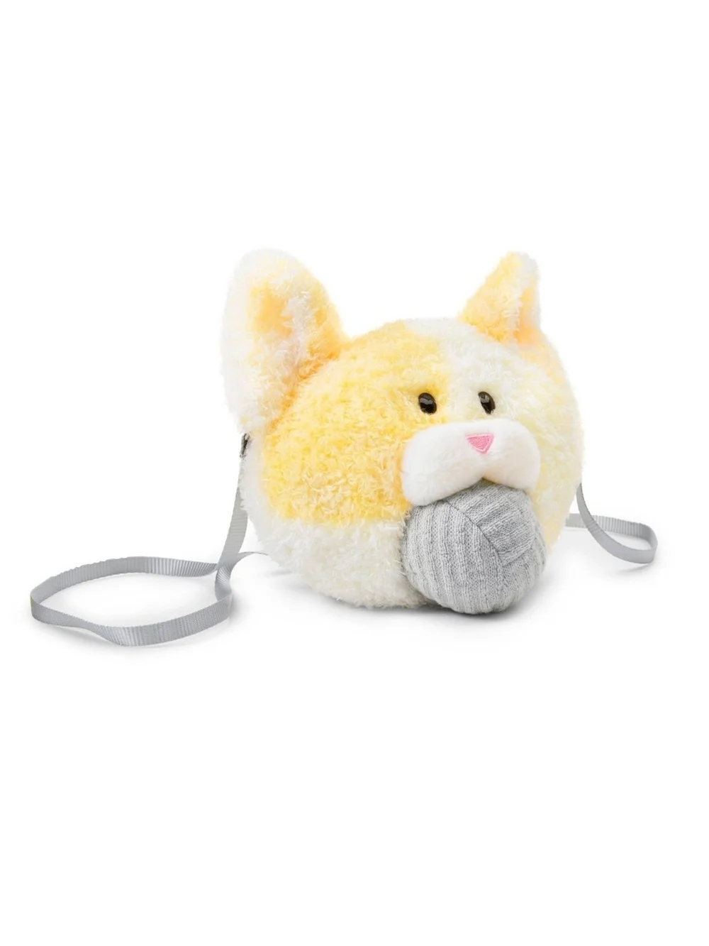 FAO Schwarz Cream & Peach Plush Cat Face Toy with Light Blue Yarn Ball